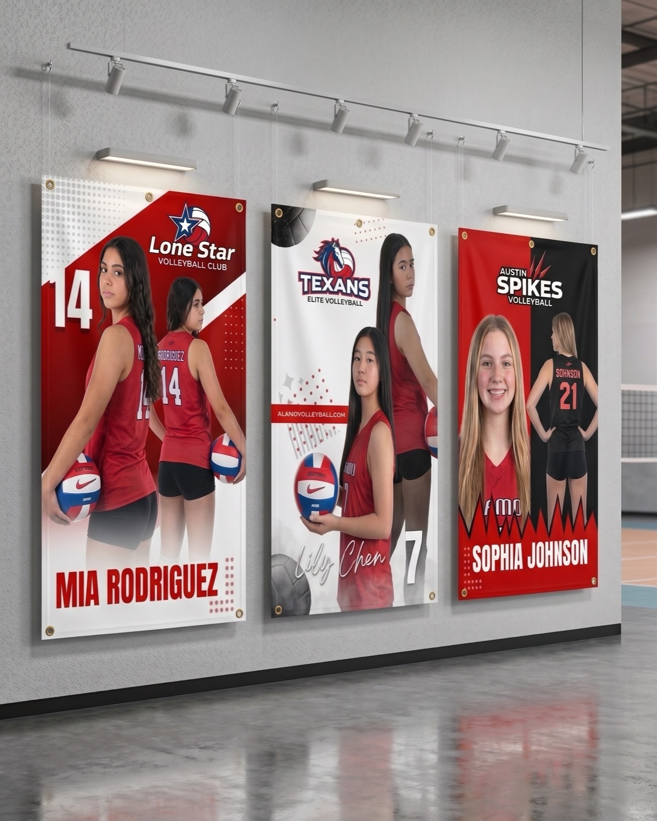 Personalized volleyball player banners displayed on a wall