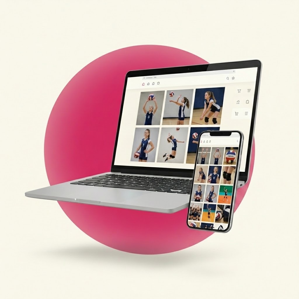Private volleyball photo gallery displayed on a laptop and phone